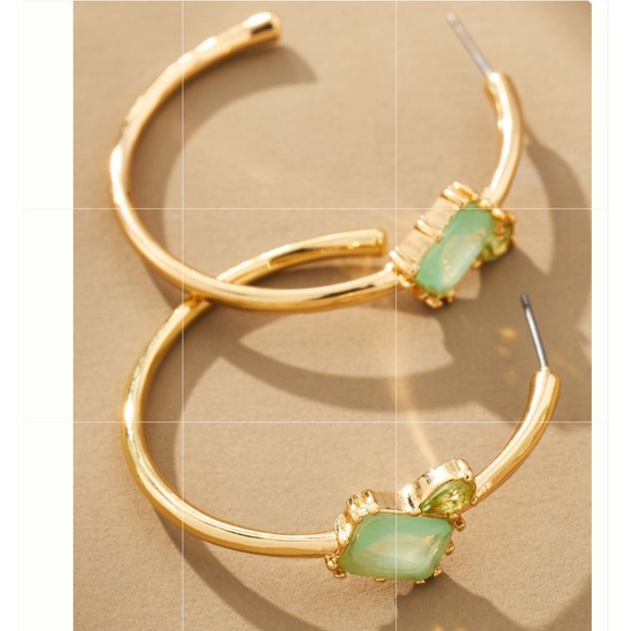 Anthropologie Jewelry - Anthropologie Mint Green Stone Gold Hoop Earrings Pale Green Stones